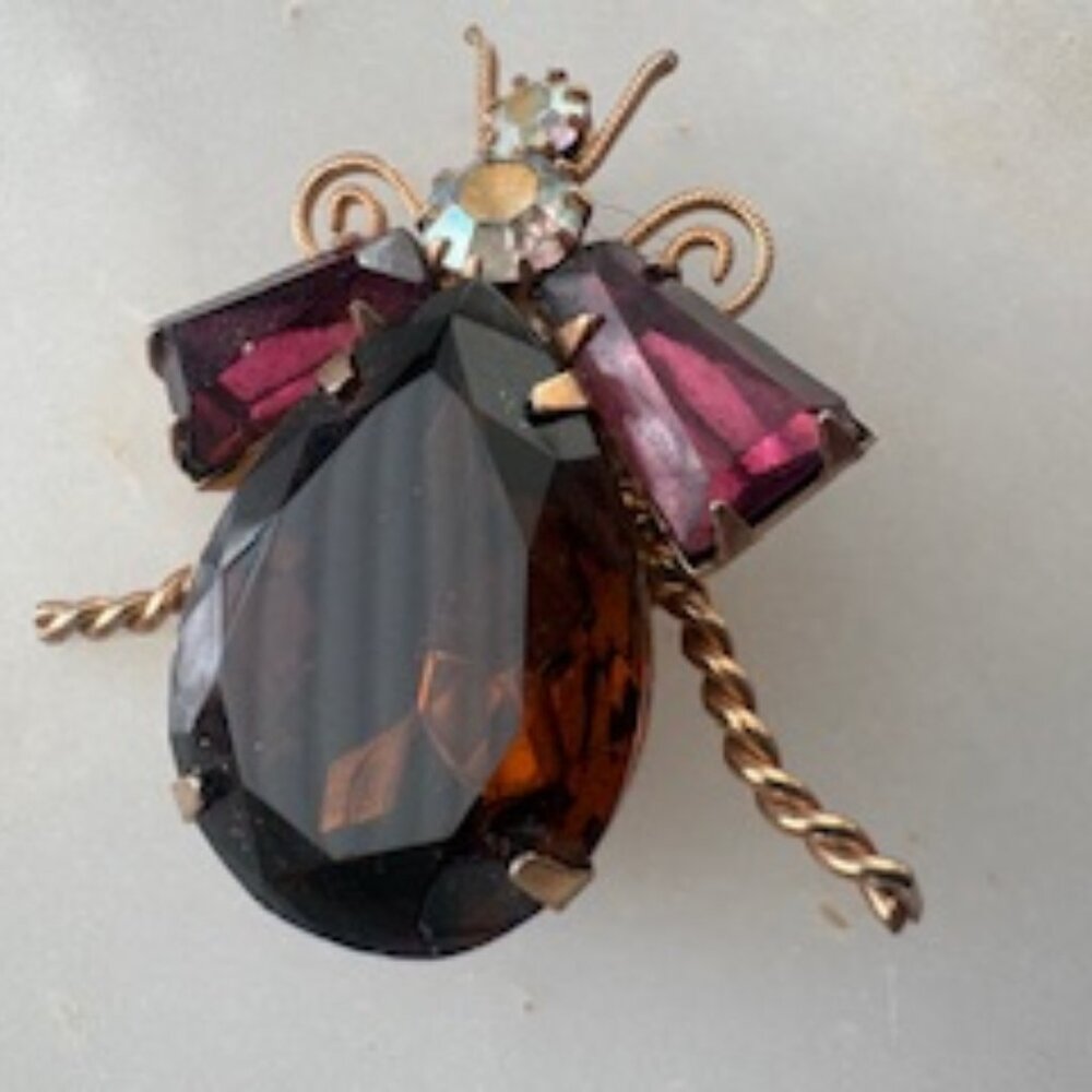 Whimsical beetle bug brooch-Gold tone metal-Amber/wine color glass stones
